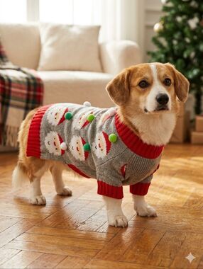 Festive Santa Holiday Dog Sweater - Gray/Red -Good Condition